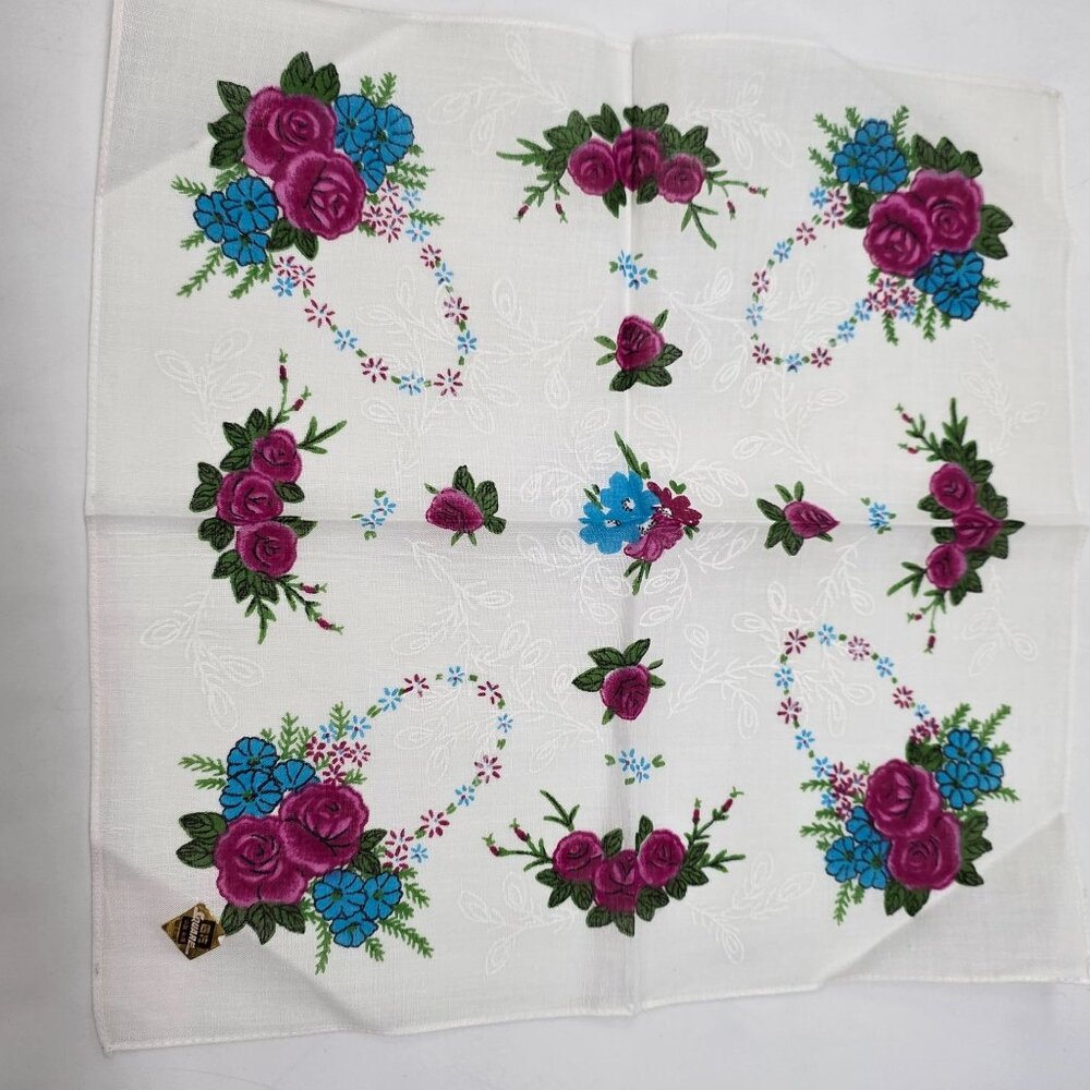 Vintage Floral Handkerchief With Pink Roses & Blue Flowers Embroidered Cotton Fa